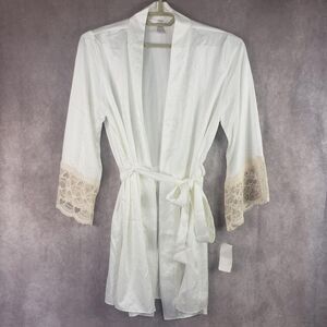 Flora Nikrooz Robe Womens S/M White Satin Lace Trim Kimono Sleep Lounge